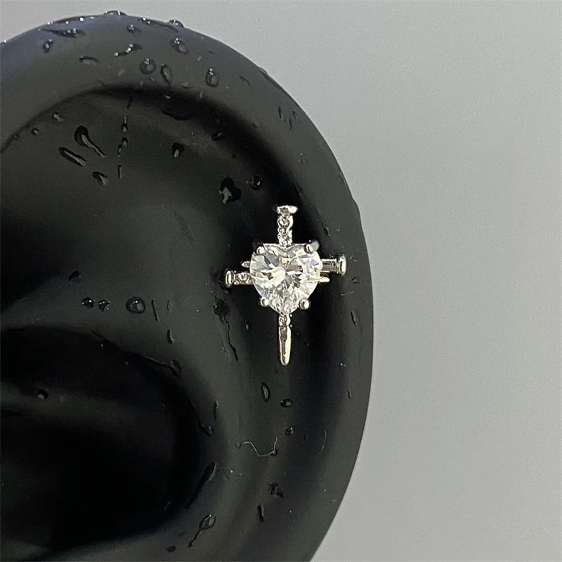 Y2K Cross CZ Cartilage Stud Earring (Silver Tone)