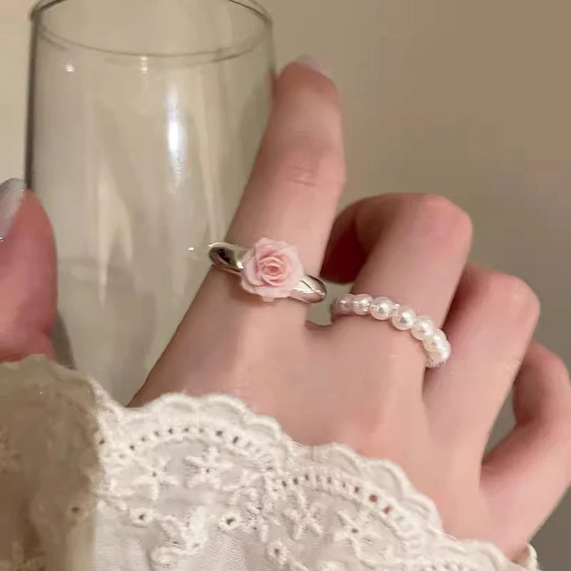 Pearl Rose Ring, 3D Pink Flower Statement Ring