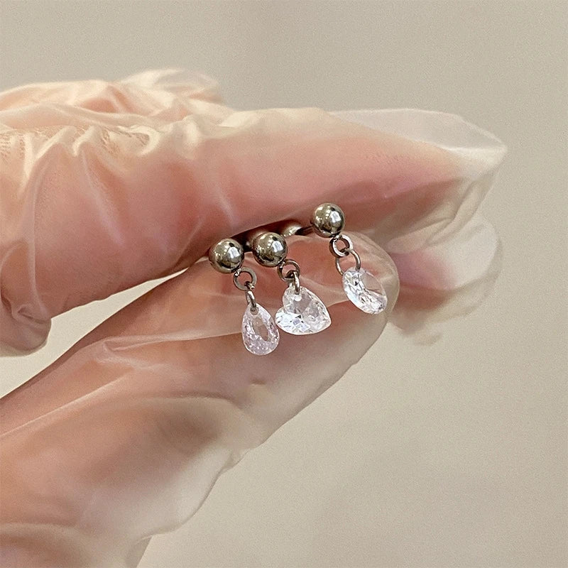 Heart Stud Earrings with Clear Zircon, Stainless Steel