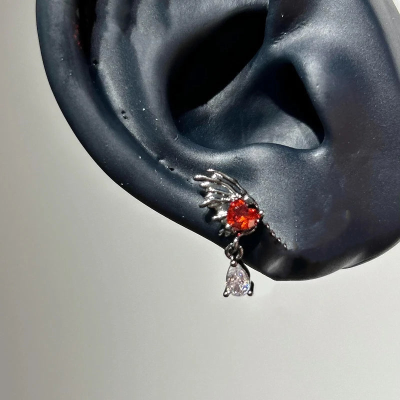 Red Heart Wing Stud Earrings (Screw-Back)