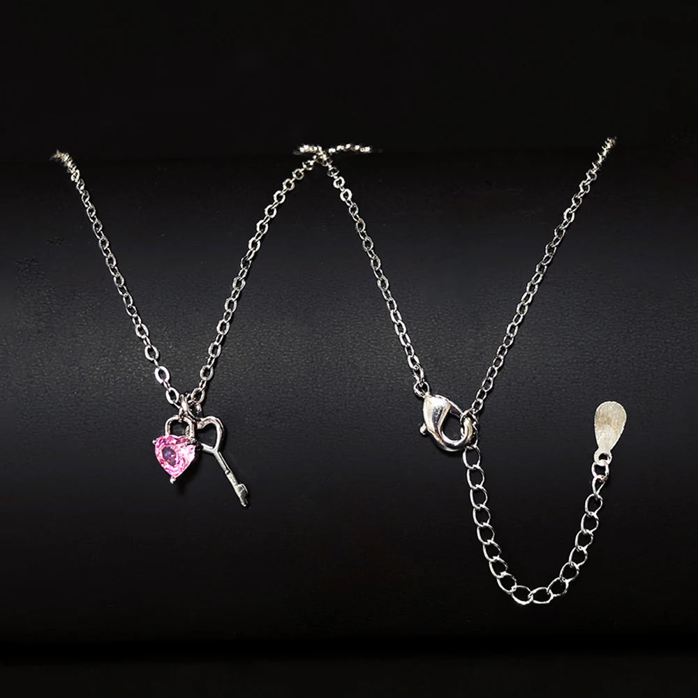 Pink Heart Necklace Set with Key Charm