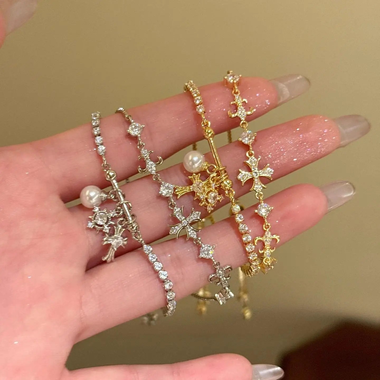 Pearl & Zircon Cross Charm Bracelet for Women