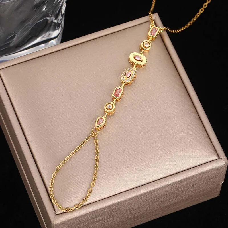 Colorful Crystal Hand Chain Bracelet in Gold Tone Stainless Steel