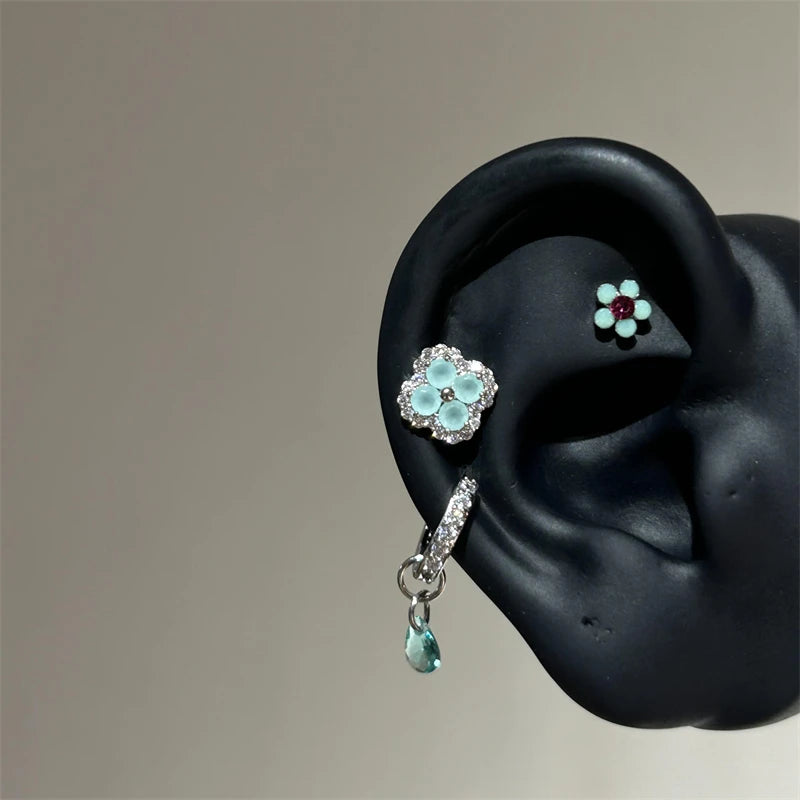 Green Clover Flower Stud Earrings in Stainless Steel