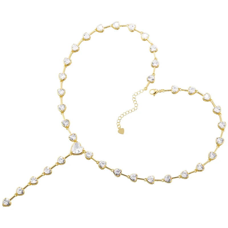 Pink Heart Necklace Set, CZ Stones, Gold Tone (Necklace + Bracelet)