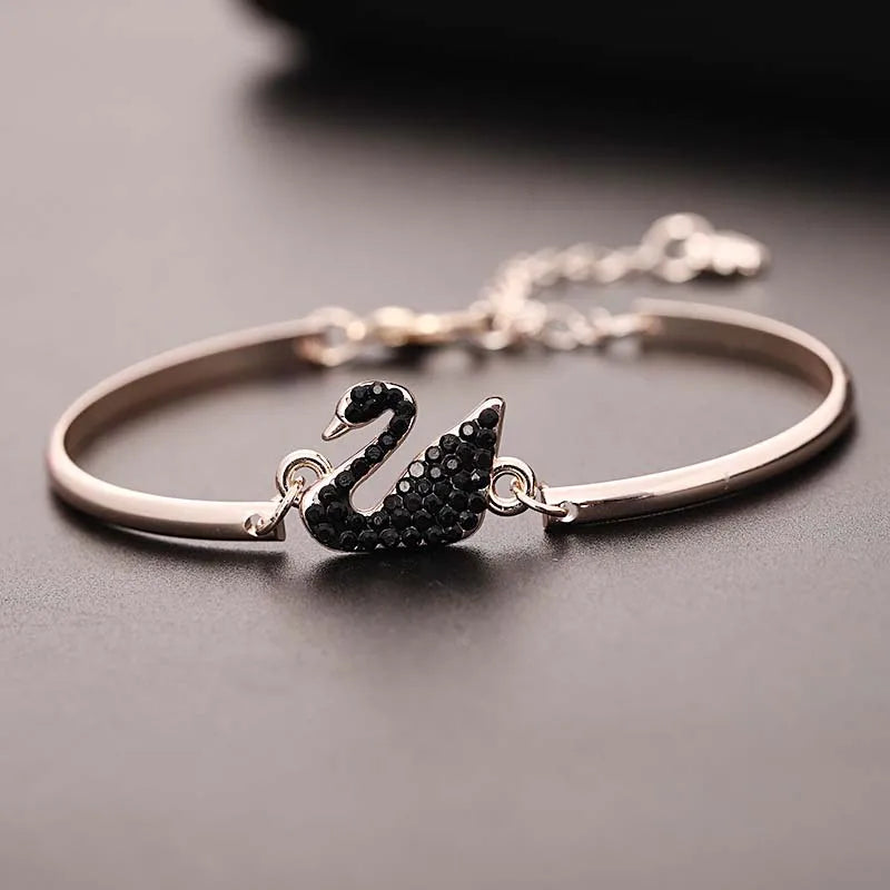 Gold Swan Charm Bangle with Zircon Accents