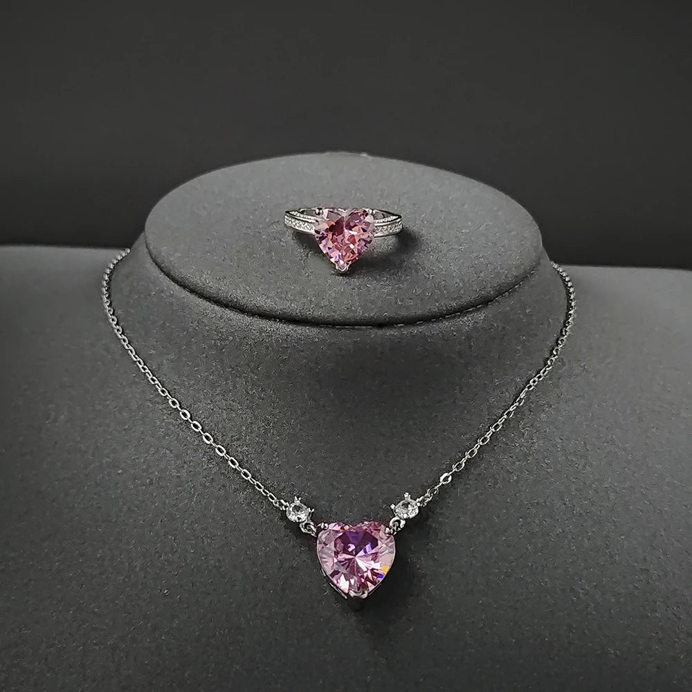 Dainty Heart Jewelry Set in Pink CZ, Ring and Necklace