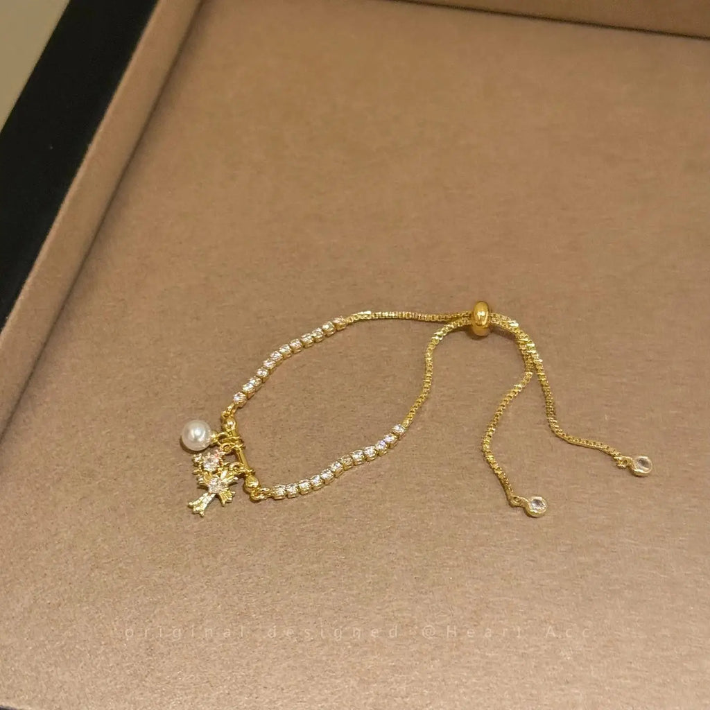 Pearl & Zircon Cross Charm Bracelet for Women