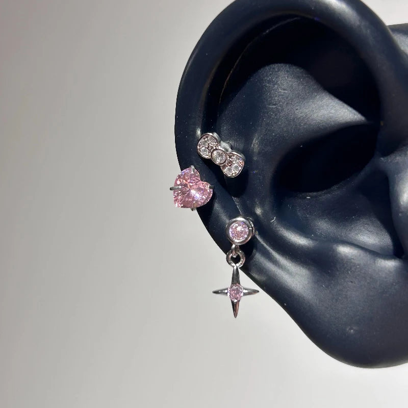 Cute Pink Stud Earrings, Rhinestone Cross Screw Back
