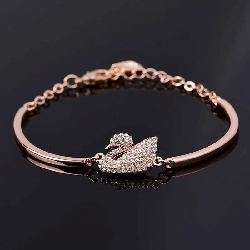 Gold Swan Charm Bangle with Zircon Accents